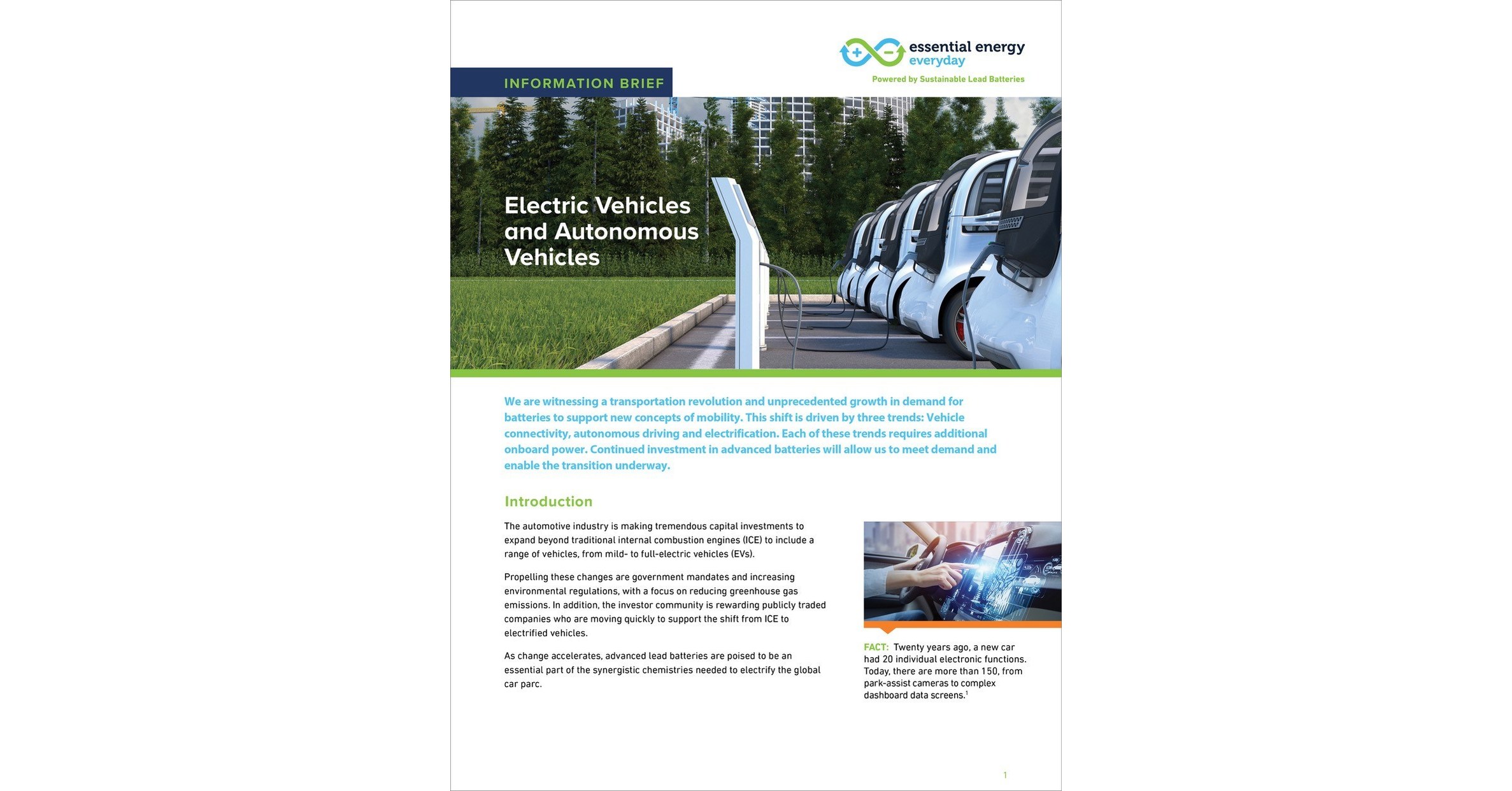 New Electric Vehicle Information Brief Educates Policymakers on Need for Battery Investment to Aid Electric Vehicle, Hybrid Transition