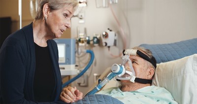 Patient on non-invasive ventilation (NIV) using ReddyPort microphone to communicate