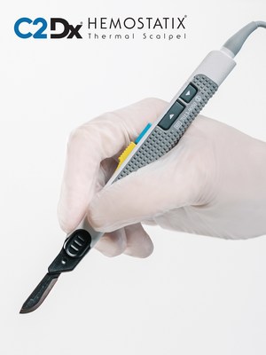 Next generation Hemostatix scalpel handle and blade system, newly redesigned featuring blade hub to eliminate contact with blade.