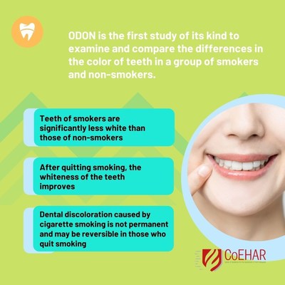 ODON is the first study to examine and compare the differences in the color of teeth in a group of smokers, former smokers and never smokers, using an innovative instrument that objectively measures the dental shades of white. Stopping smoking can improve the dental whiteness, according to the study.