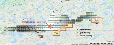 VISIBLE GOLD MINES ACQUIRES 100% INTEREST IN 3,996 HECTARES OF LAND (40 SQ KM) ADJACENT TO PATRIOT BATTERY METAL LITHIUM'S DISCOVERY IN THE JAMES BAY REGION (CNW Group/Visible Gold Mines Inc.)
