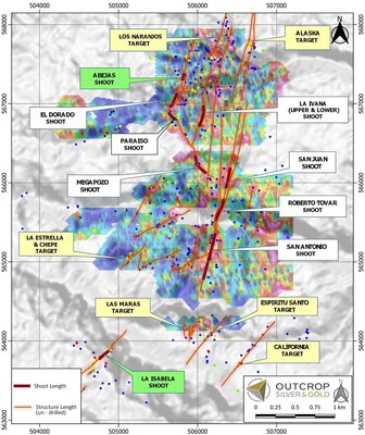 Figure 2. Map showing discovered shoots to date (white callouts), new shoots being drilled (green callouts) and targets pending to be drilled (yellow callouts). (CNW Group/Outcrop Silver & Gold Corporation)