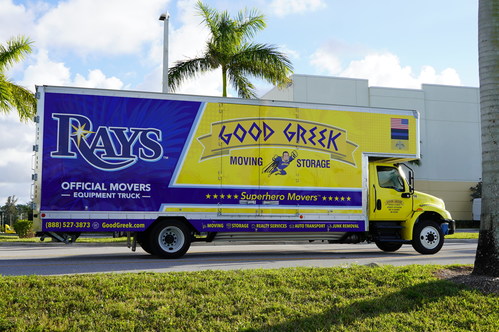 Good Greek shows off The Tampa Bay Rays custom truck wrap. The Rays join a long list of sports teams, universities, and others to choose Good Greek Moving & Storage as their Official Mover and relocation resource.