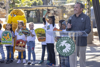 Paul A. Baribault, president and chief executive officer of San Diego Zoo Wildlife Alliance, along with a group of youth from across San Diego, and Dr. Seuss' The Lorax, welcomed guests into the new Denny Sanford Wildlife Explorers Basecamp. Built on the site of the former Children's Zoo, Wildlife Explorers Basecamp is a 3.2-acre state-of-the-art, multi-ecosystem experience designed to provide guests of all ages with an up-close look at nature and offer fresh, high-tech inte