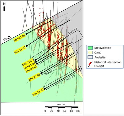 Figure 2 - Mazoa Hill drill plan map showing Golden Shield drill holes locations (CNW Group/Golden Shield Resources)