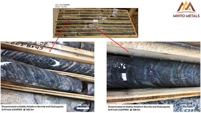 Figure 5.  Highlighted core images of bornite (violet) and chalcopyrite (yellow) mineralization from drill hole 21EXP003. (CNW Group/Minto Metals Corp.)