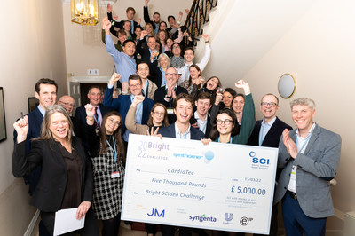 Bright SCIdea Winners CardiaTec (front with cheque) being congratulated by the shortlisted teams and SCI CEO Sharon Todd (front, far left) - this image must be credited to Andrew Lunn Photography