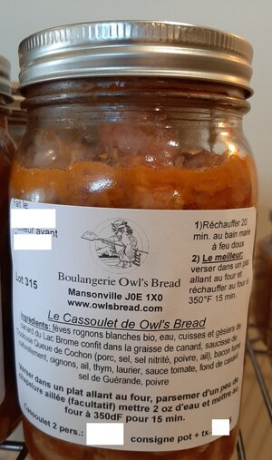 Avis de ne pas consommer du cassoulet conditionné dans des pots en verre et vendu par la Boulangerie Owl's Bread
