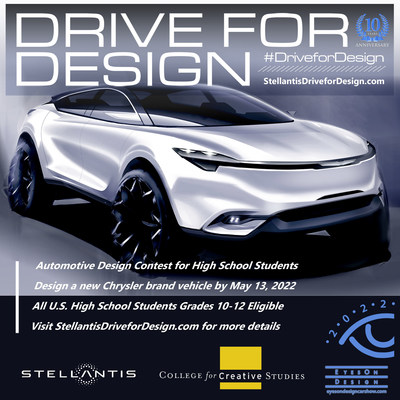 Stellantis Design Celebrates 10 Years of Drive for Design Contest. The contest is open to U.S. high school students in grades 10-12; entries due by May 13 via www.StellantisDriveForDesign.com