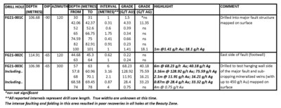 Table 1 – Beauty Zone Drill Results (> 0.2 g/t Au) (CNW Group/Freeman Gold Corp.)
