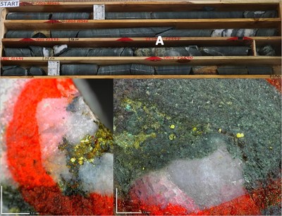 Photo 1: Top CD-099; tray 13 (35.9 – 39.8m), with variably sulphidic late-stage quartz veining “A”, and bottom detail of visible gold in the same sample interval (sample CDDS12548; 38.2 - 38.6m). (CNW Group/Meridian Mining UK Societas)