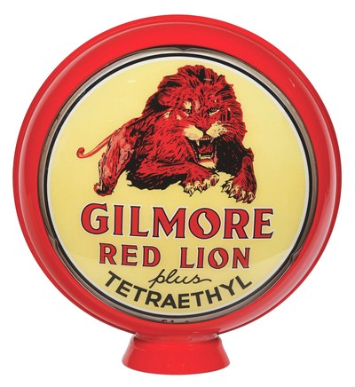 Superb Gilmore Red Lion Gasoline 15in single globe lens from Gilmore Oil Company, Los Angeles. Condition 9.0 with bright, clean leaping-lion graphic. Estimate $15,000-$25,000