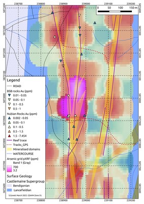 Figure 5: Surface geochemistry map for Sardinia North. Base map is of grided pXRF arsenic. (CNW Group/Nubian Resources Ltd.)