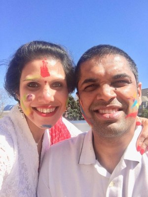 Divya and Amrith, parents of St. Jude patient Avyan, celebrate Holi.