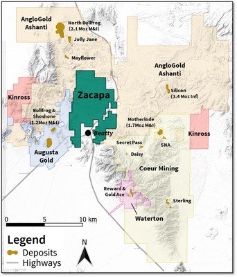 Figure 2 – Location map of the South Bullfrog project displaying Zacapa’s land position relative to regional gold mines and development projects in the rapidly developing Beatty District3,4,5,6,7 (CNW Group/Zacapa Resources)