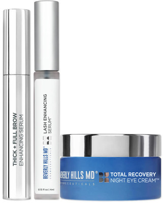 “The Flawless Eyes Collection” from Beverly Hills MD includes Thick + Full Brow Enhancing Serum, Total Recovery Night Eye Cream, and Lash Enhancing Serum