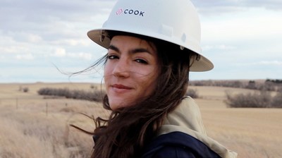 Action shot of Alma Cook working in the North Dakota oilfield in the 