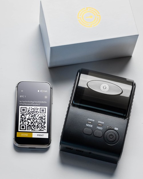 The iCoin Wallet System includes a sleek hardware wallet which incorporates a 3-inch touchscreen display and a 13-megapixel camera that enables full Air Gap transaction security. An optional Bluetooth thermal is also available.