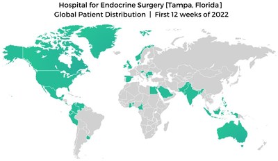 Hospital for Endocrine Surgery's global patient distribution over the first 12 weeks of 2022.