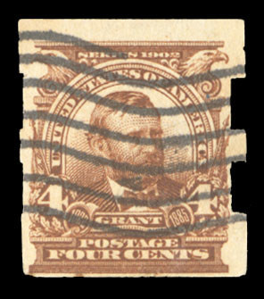 Lot #102, United States 1902 4-cent brown, imperforate, Schermack type III, only 40 recorded examples, which sold for $31,050 including 15% buyers premium.