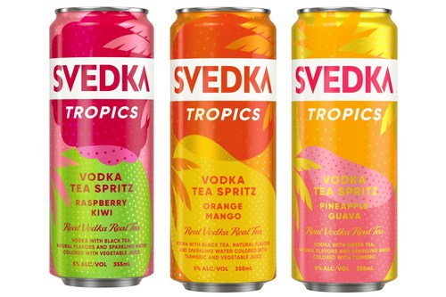 SVEDKA Tropics Vodka Tea Spritz is a new, refreshing, and flavorful spirits-based hard seltzer from the award-winning vodka brand available in three bold flavors - Pineapple Guava (infused with green tea), Raspberry Kiwi (infused with black tea), and Orange Mango (infused with black tea).