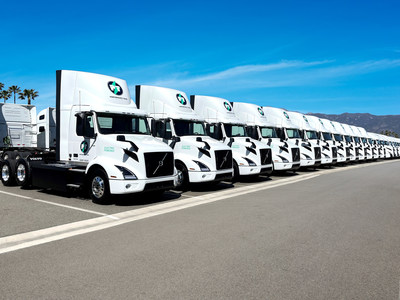 A lineup of Volvo VNR Electric trucks on the lot at TEC Equipment Fontana being prepared for delivery to Performance Team – A Maersk Company to operate in its Southern California fleet operations. (PRNewsfoto/Volvo Trucks North America)
