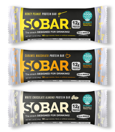 SOBAR is available in three delicious gluten-free flavors. A satiating and nutritional powerhouse, with 12g of protein and only 130 calories per bar. Drink smarter by eating a SOBAR first!