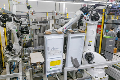 Robots featuring an AI engine and camera make the home appliance production process faster and safer.