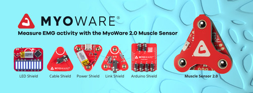 Featuring a snap-together connection and new shields to allow for increased functionality, the new MyoWare 2.0® Muscle Sensor and 2.0 shields make utilizing EMG in a project easier than ever. From left to right: LED Shield, Cable Shield, Power Shield, Link Shield, Arduino Shield, and Muscle Sensor 2.0.