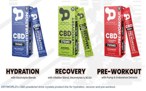 DRYWORLD's CBD powdered drink crystals product line for hydration, recover and pre-workout.
