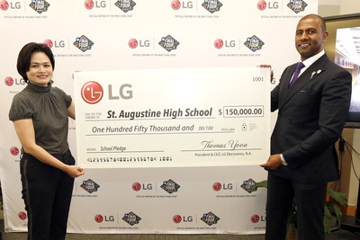 The pledge from LG will establish the “LG Life’s Good Endowed Scholarship Fund” at the school as well as contribute to the rebuild of the school’s flood and fire-damaged basketball court. (PRNewsfoto/LG Electronics USA)