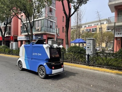 An autonomous delivery vehicle on the go in Shanghai to keep citizens stocked with necessities, amid epidemic resurgence.