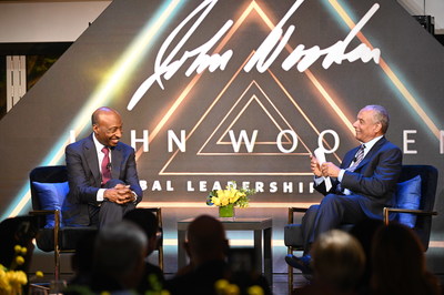 Kenneth Frazier, left, executive chairman and former CEO of Merck, in conversation with Kenneth Chenault, former CEO of American Express, at the John Wooden Global Leadership Awards gala in Los Angeles. Frazier is the 2021 John Wooden Global Leadership Award recipient; Chenault received the award in 2009. The annual award is given by UCLA Anderson School of Management.