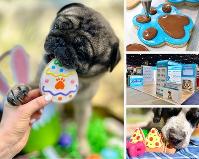 (Clockwise from left) Woofkies dog treats making memorable Easter moments; Woofkies dog treats on the decorating table; the Woofkies brand's booth at the 2022 Global Pet Expo in Orlando, Florida; Woofkies dog treats in action.