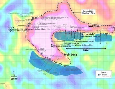 Figure 3 Plan View of PGM Zone – Drill Results Overlain on Gravity Vertical Gradient, Crawford Nickel Sulphi.png (CNW Group/Canada Nickel Company Inc.)
