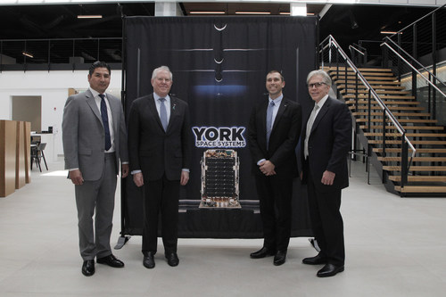 (From left to right) Dirk Wallinger, CEO and President of York Space Systems; the Honorable Frank Kendall, Secretary of the Air Force; Dr. Derek Tournear, Director of the Space Development Agency; and Charles Beames, Executive Chairman of York Space Systems tour York's new manufacturing facility.