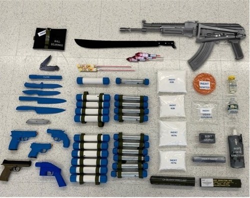 Image by Liberty Defense showing metal and non-metal testing objects including ceramic, plastic, and metal weapons, as well as liquid, powder, and plastic explosives (CNW Group/Liberty Defense Holdings Ltd.)