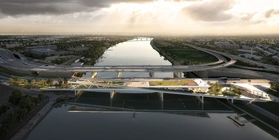 Aerial shot of the future 11th Street Bridge Park spanning the Anacostia River, D.C.’s first elevated public park. Photo courtesy of OMA+OLIN.