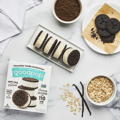 GoodPop frozen pops, the leading better-for-you frozen treat brand that exists to do good in the world, launches its latest cleaned up classic-Chocolate Vanilla Sandwiches, the first ever gluten-free oatmilk frozen dessert sandwich. The Chocolate Vanilla sandwiches are now available at Whole Foods Market, Sprouts, HEB, Gelson's, Raley's and online at the GoodPop shop. https://www.goodpops.com/
