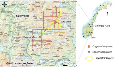 Figure 1. Location map of the Hessjøgruva and Kjøli Projects, central Norway. (CNW Group/Capella Minerals Limited)