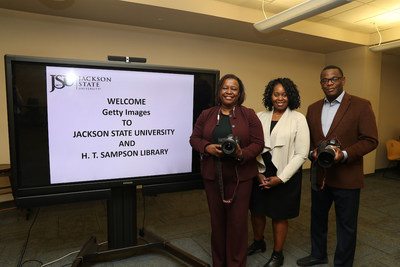 Jackson State University is the recipient of two Canon camera bodies and three Canon lenses which have been donated by Getty Images and Canon. Pictured L to R: JSU Provost Alisa Mosley, Ph.D.; Cassandra Illidge, Getty Images Vice President of Partnerships; and JSU President Thomas K. Hudson, J.D. 

(William H. Kelly III/JSU University Communications)
