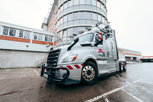 Daimler Truck’s Freightliner Cascadia test truck in front of the Torc Europe Stuttgart office.