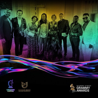 Kizzo flanked by partners and well wishers at 64th Annual Grammy Awards: From left to right: Music business entrepreneur, Sam Rigters; Niels Walboomers (Managing Director, Sony Music Publishing); Kizzo's mother, Inien Person; Album of the Year Grammy winning producer, Kizzo; Kizzo writing partner, Autumn Rowe; Autumn's date, Even Stenvold Tysse; Grammy Award-winning producer, Carlos 