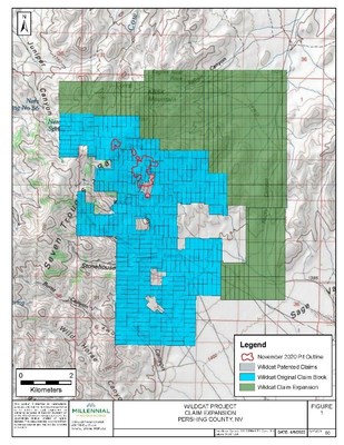 Figure 1: Claims Overview Map at the Wildcat Project – Original Claims Block (blue), Claims Expansion (green), and November 2020 NI 43-101 Pit Outline (red line). (CNW Group/Millennial Precious Metals Corp.)