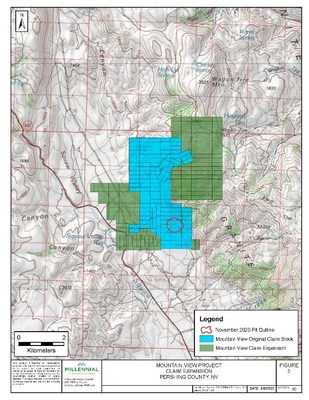 Figure 2: Claims Overview Map at the Mountain View Project – Original Claims Block (blue), Claims Expansion (green), and November 2020 NI 43-101 Pit Outline (red line). (CNW Group/Millennial Precious Metals Corp.)