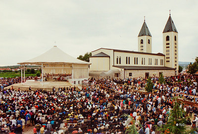 Photo of St. James Church in Medjugorje, taken by Terry Colafrancesco in 1996. Medjugorje is the famed site in present-day Bosnia-Hercegovina, where on June 24, 1981 six young people began