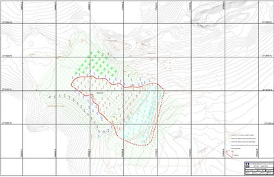 Figure 1 shows the oxide tailings in plan view with the drill holes in Red and Blue from the 2021 program, the green indicates holes that may still be drilled, and the drill holes in light blue are from the 2015/2016 program. (CNW Group/Avino Silver & Gold Mines Ltd.)