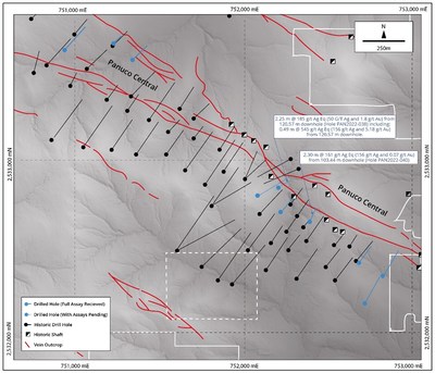 Figure 3: Map of the Panuco Central Vein showing Zacatecas’ drill hole locations. Historical drill hole traces are shown (black). The base of the map is a grey scale digital elevation model. New intercepts are shown in blue text. (CNW Group/Zacatecas Silver Corp.)