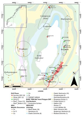 Figure 1. Burfjord drill hole locations showing TEM geophysics conductor, geology and mineral occurrences. (CNW Group/Norden Crown Metals Corp.)