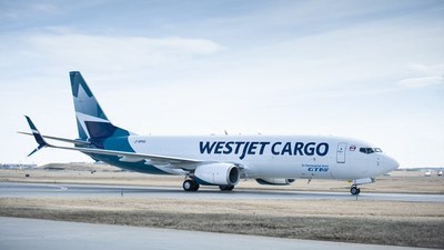 WestJet Cargo, B737-800BCF arrives in Calgary. (CNW Group/WESTJET, an Alberta Partnership)
